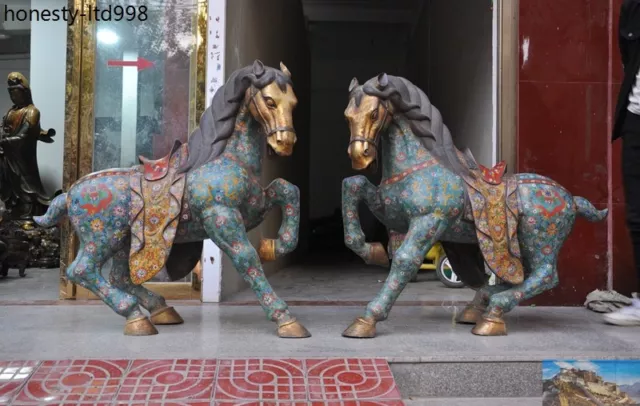 Huge Chinese fengshui bronze Cloisonne Enamel 24k gold Zodiac horse statue Pair