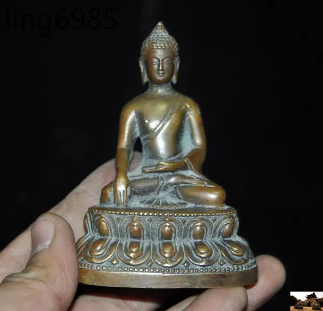 4"Old China Buddhism Temple bronze Sakyamuni Shakyamuni seat lotus buddha Statue