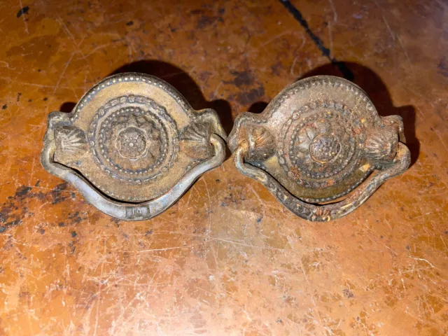 Lot of 2 Antique 2.5" Press Brass Swing Drawer Pulls w/ Flower Reclaimed Salvage