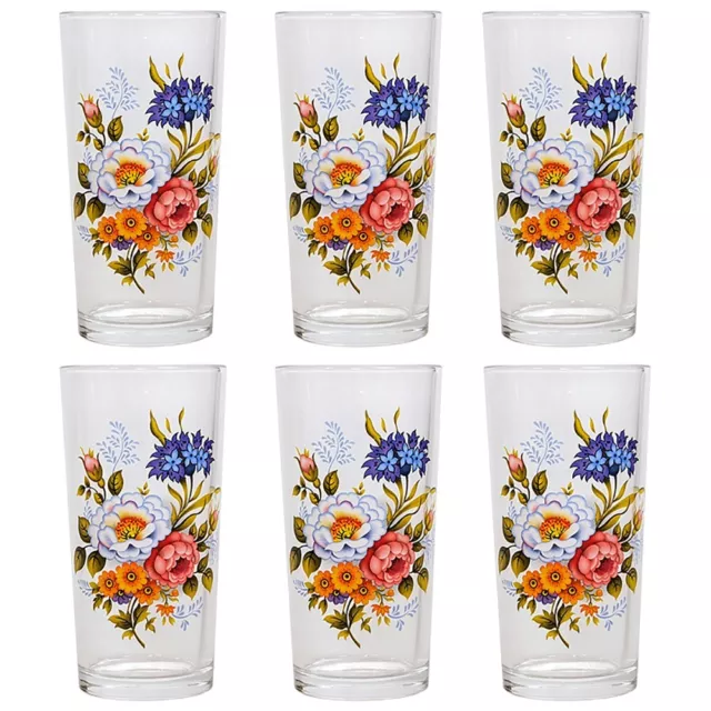 SET OF 6 Tall Drinking Glasses w/Poppy Floral Art Made in Russia, 8 fl oz  each