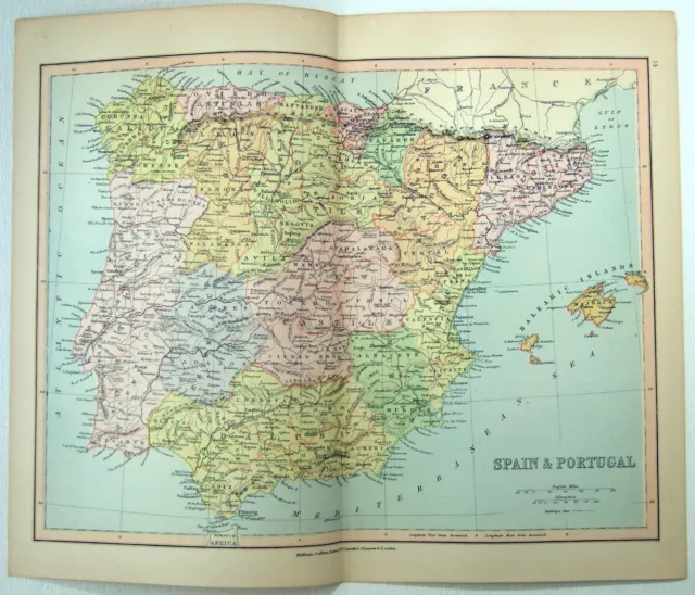 Original Map of Spain & Portugal by Wm Collins Sons & Co 1875. Antique