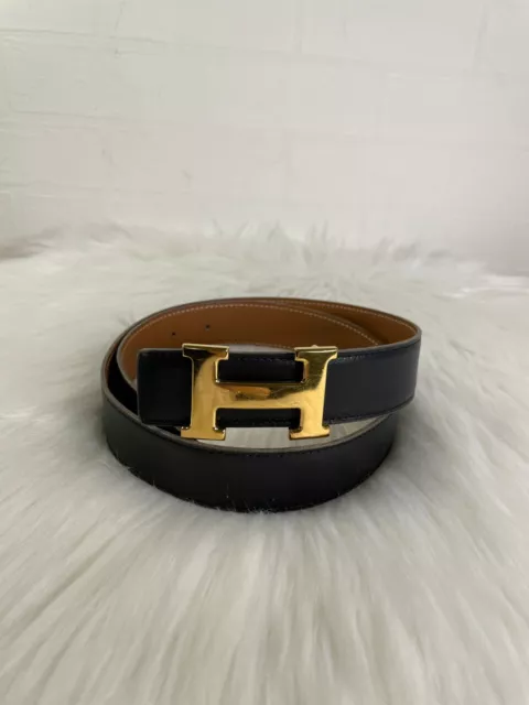 Hermes H Logo Black Leather Red Leather Gold Buckle Belt 80 Authen