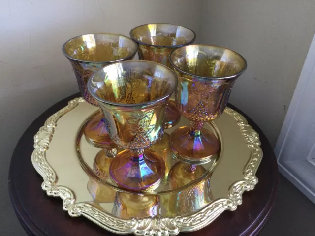 Vintage Indiana Iridescent Amber Carnival Glass Harvest Grape Goblets-Set Of 4