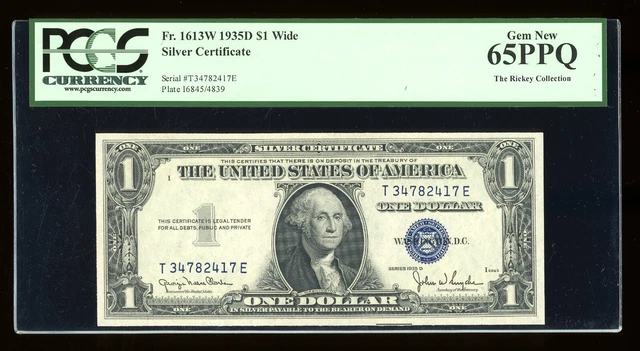 DBR 1935-D $1 Silver Fr. 1613W Wide Gem TE Block PCGS 65 PPQ Serial T34782417E