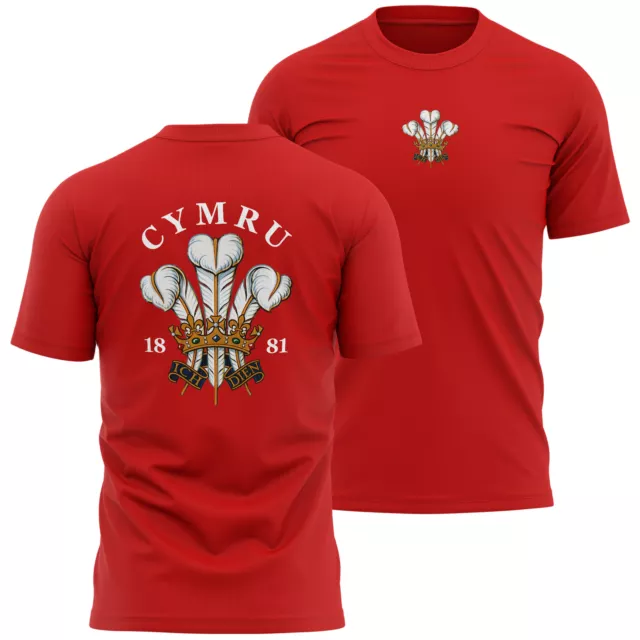 Welsh Supporters Rugby T Shirt Cymru Feathers Badge Front and Back print shir...
