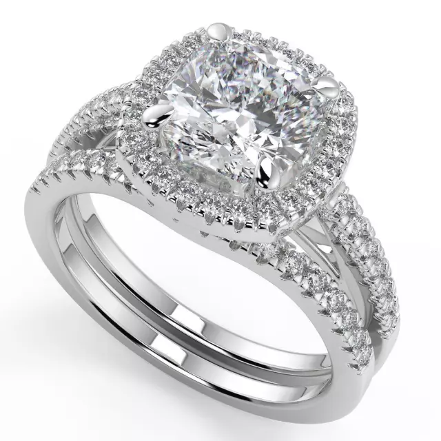 2.15 Ct Cushion Cut Pave Halo Diamond Engagement Ring VS2 G Treated