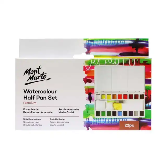 Mont Marte Watercolour Half Pan Set 18pce, Cake Paint in Compact Container