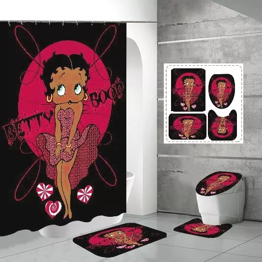 4pc Black Betty Boop Bathroom Shower Curtain Toilet Seat Cover & Rugs Set