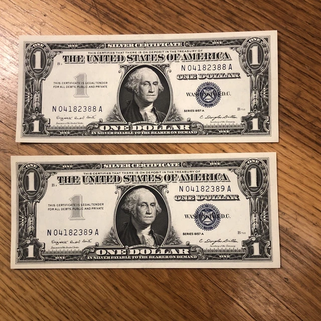 1957 A One Dollar Silver Certificates  Consecutive Serial Numbers
