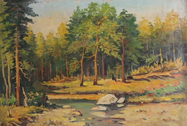 Antique European oil painting forest landscape