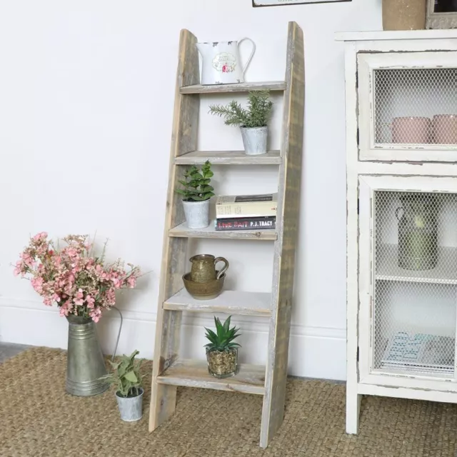 Grey Rustic Wooden Ladder Shelf Unit bookcase shelf storage shabby chic decor