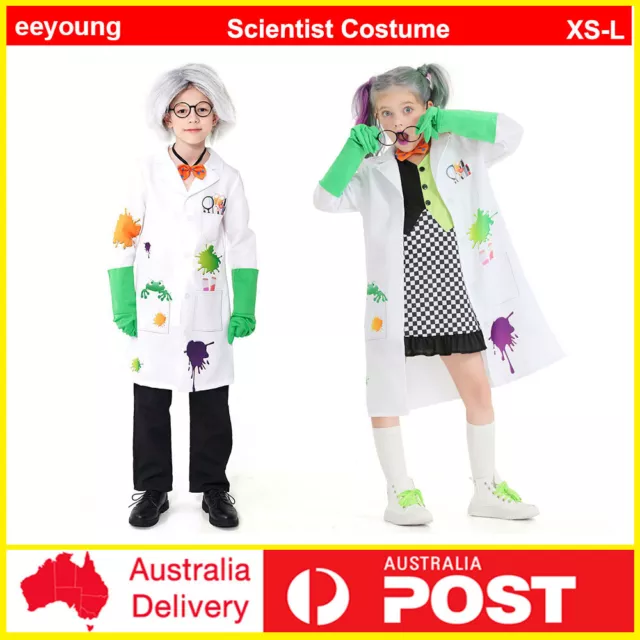 Child Mad Scientist Costume Kids Lab Rat Science Crazy Kids Book Week Set+wig