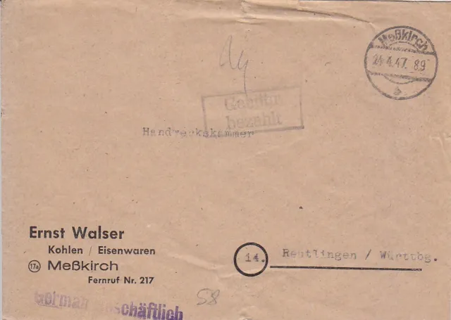F.Zone - MEßKIRCH  - Gebühr bezahlt - Brief - 1947
