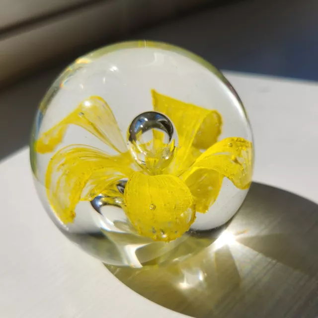 Art Glass Paperweight Yellow Flower Clear Round Garden Floral Gift Decor