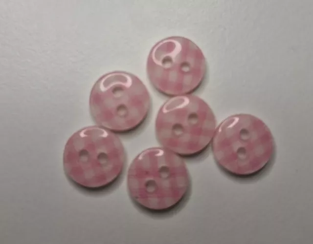 6 x Pink Check Gingham Buttons 11mm - Baby/Kids Craft Cards Knitting/Sewing