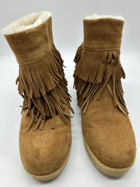 TORY BURCH COLLINS FRINGE Suede BOOTIE Boot HAVANA TAN Fur Lined Women’s Size 9 2