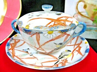 Nippon tea cup and saucer painted double handle teacup Swallow Bird Japan 1920s
