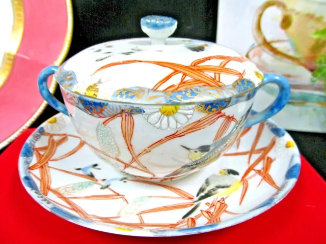 Nippon tea cup and saucer painted double handle teacup Swallow Bird Japan 1920s