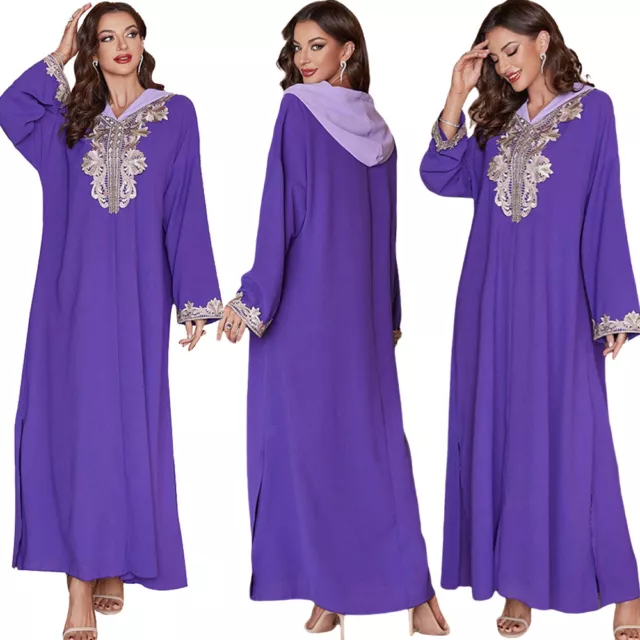 Islamic Women Hooded Kaftan Long Sleeve Maxi Dress Muslim Abaya Dubai Robe Gown