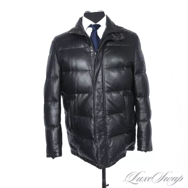 #1 MENSWEAR Intuition Homme Black Leather Duvet Down Filled Parka Jacket Coat 54