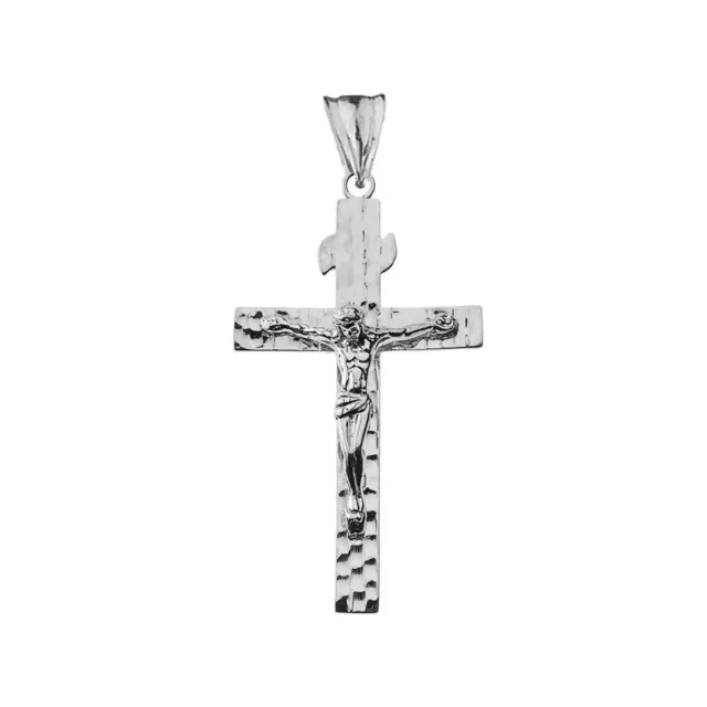 Solid 14k White Gold Hammered Crucifix Cross Pendant Necklace 2