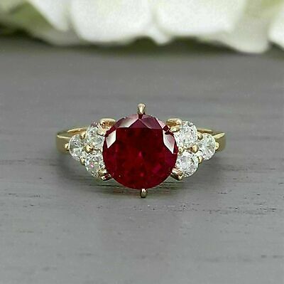 3Ct Round Cut Red Ruby Lab Created Women's Fancy Ring In 14K Yellow Gold Finish