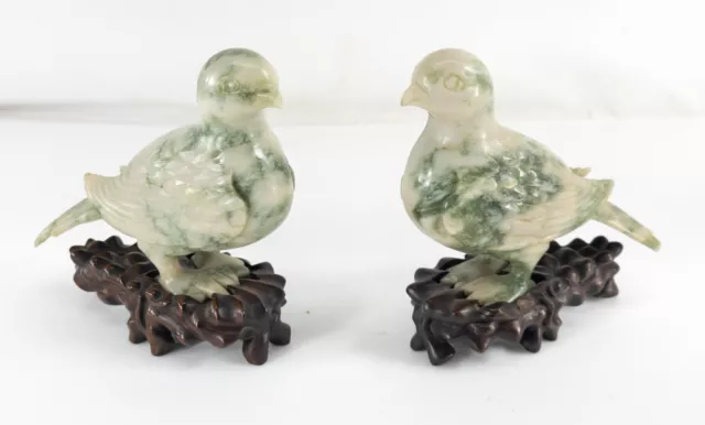 Antique Vintage Pair of Chinese Carved Green and White Soapstone Softstone Birds