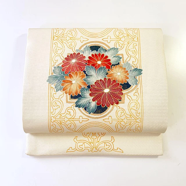 Nagoya obi silk gold embroidery beige red blue yellow floral pattern kimono