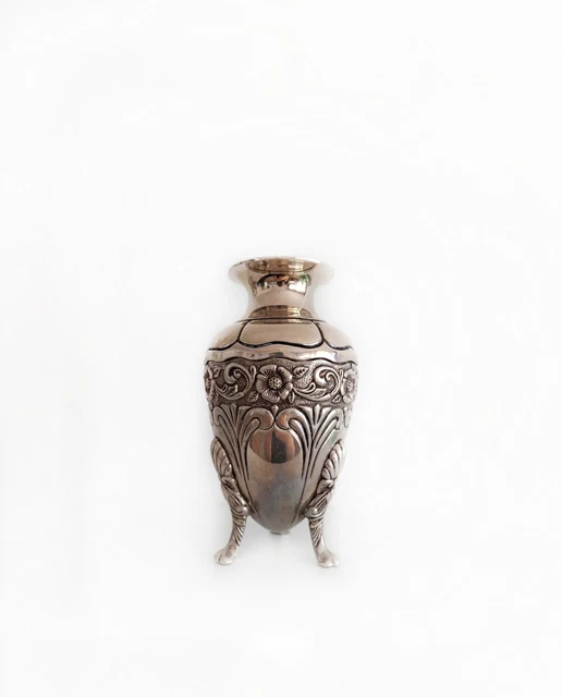 Vintage Silver Plated Vase, Engraved Handmade Metal Flower Vase