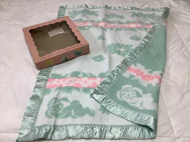 Vintage Baby Chatham Satin Edge Green Pink White Bunny Blanket