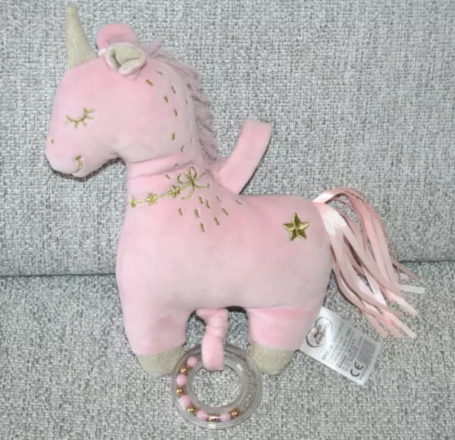 Mots D'enfants Doudou Peluche Licorne Musical Rose Etoile Dore Anneau Neuf