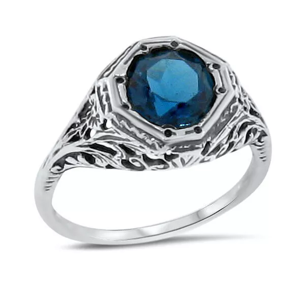 GENUINE 1.5 CT LONDON BLUE TOPAZ 925 STERLING SILVER DECO ANTIQUE RING ...