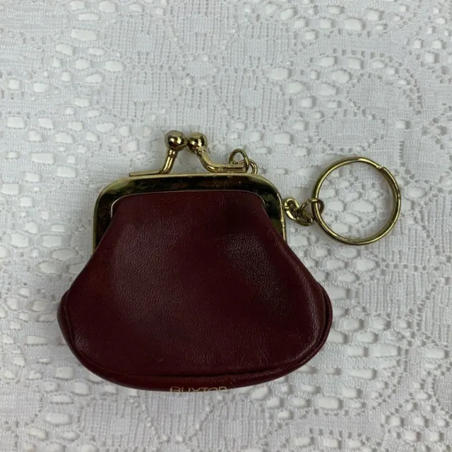 Buxton Vintage Leather Coin purse keychain Brown Gold Kiss lock opening