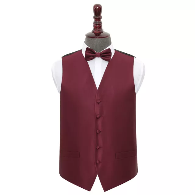 DQT Woven Plain Solid Check Burgundy Mens Wedding Waistcoat & Bow Tie Set