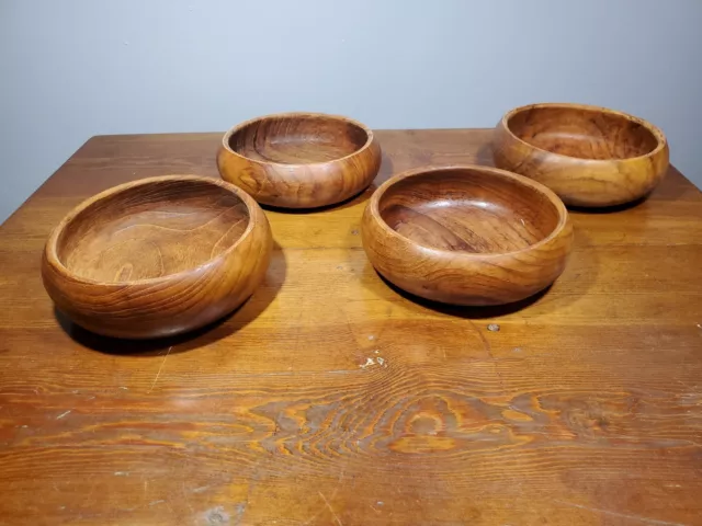 Vintage 5-Piece Hand Carved Teak Wood Serving Bowl & 4 bowls