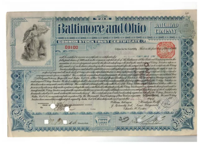 Baltimore & Ohio Railroad Co. Stock Common 10 Shares at $100 each July 1899 Blue