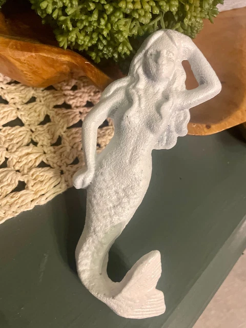 White Mermaid Hook Wall Beach Towel Coat Nautical Rustic Cast Iron Hanger Metal