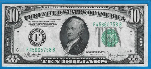1934 C $10 FRN F-Atlanta,Wide Face Variety,Green Seal,Crisp UNC,Nice!