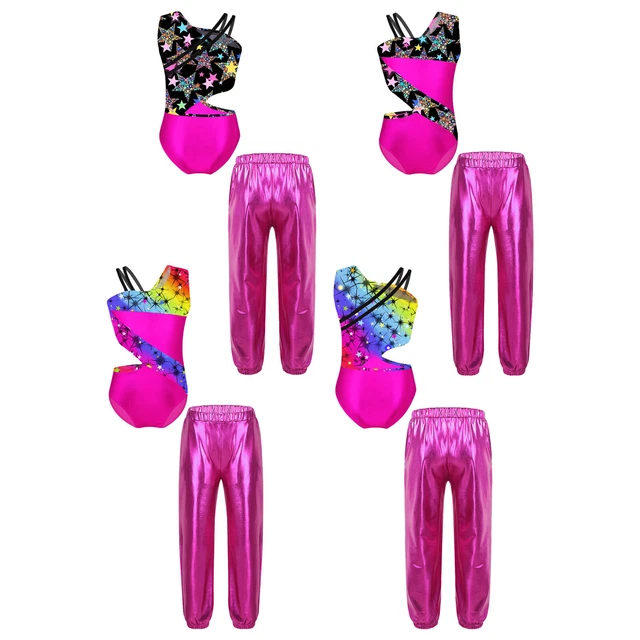 Kids Girls Ballet Stage Show Dancewear Outfits Cutout Waistline Printed Party