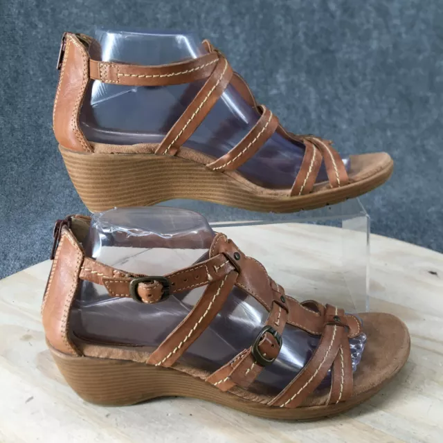 Earth Origins Sandals Womens 9 M Great Strappy Brown Leather Casual Zip Wedge