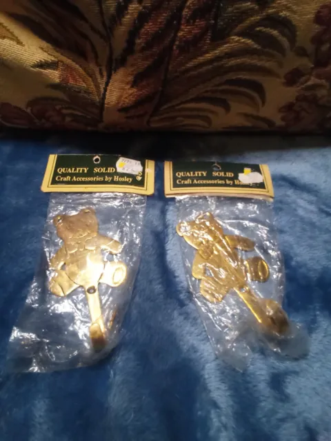 Pair vintage solid brass teddy bear wall,or craft hooks.NOS.