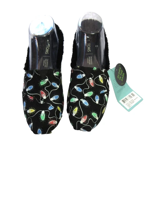 TOMS WOMENS SZ 8 Christmas Lights Shoes Glow in the Dark Black Faux Fur Slip On 35.00 PicClick