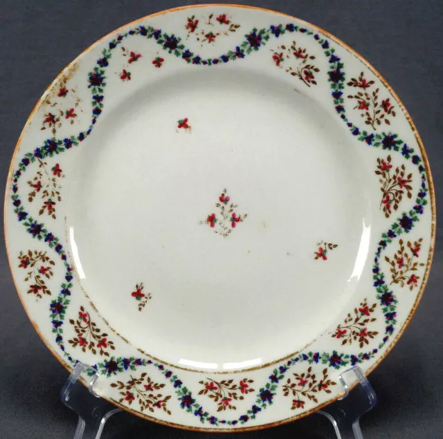Marked N10A British Hand Painted Blue Pink & Gold Floral Garland Plate C. 1800