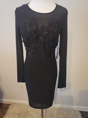 NEW Haute Monde Black Stretch Sheer Lined Lace Dress Long Sleeve Size Small