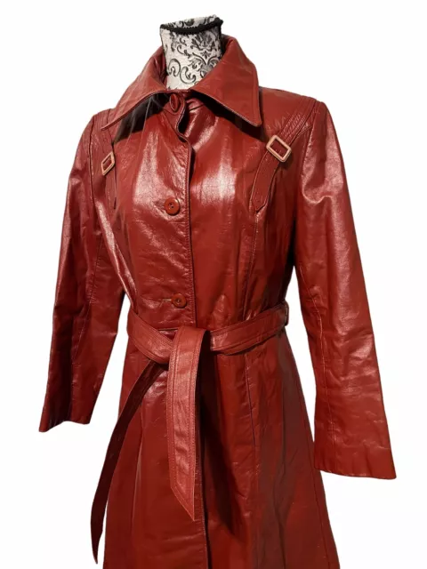 Vintage vtg 70s 80s  Leather Trench Coat Womens 14 Reddish Burgundy Wine