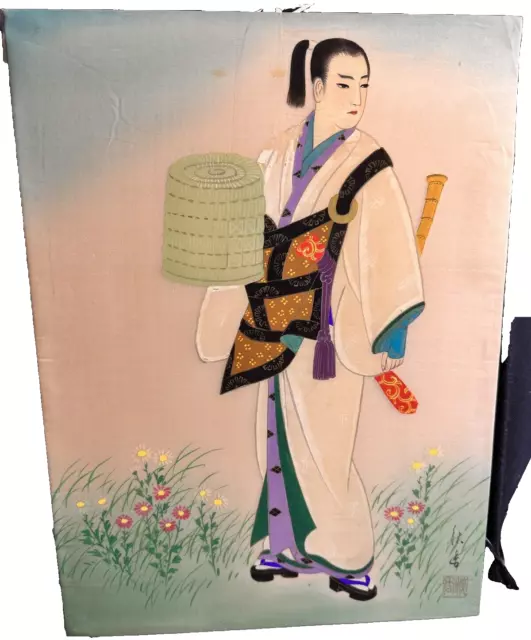 Torii Kiyonaga Japanese Woman With Birdcage Silkscreen Painting Signed