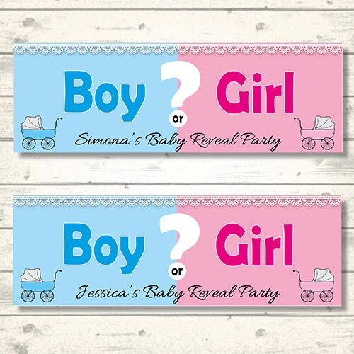 2 PERSONALISED GENDER REVEAL BANNERS - BOY OR GIRL?  800 x 297mm PRAM DESIGN