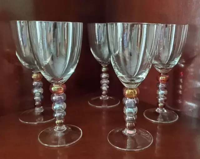 Pier 1 Hand Blown Wine Glasses With Colored Glass Balls For Stems- Set Of (5)