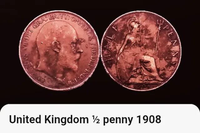 1908 United Kingdom Half Penny Coin, BONUS OFFERS, King Edward VII, British, 1/2