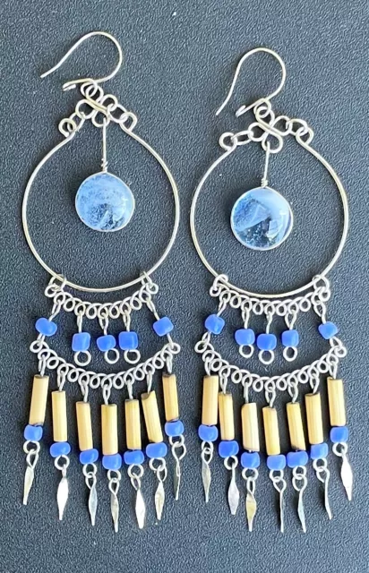 Peruvian Blue Glass Bamboo Beads Long Earrings Handmade Dangle Drop Boho Ethnic